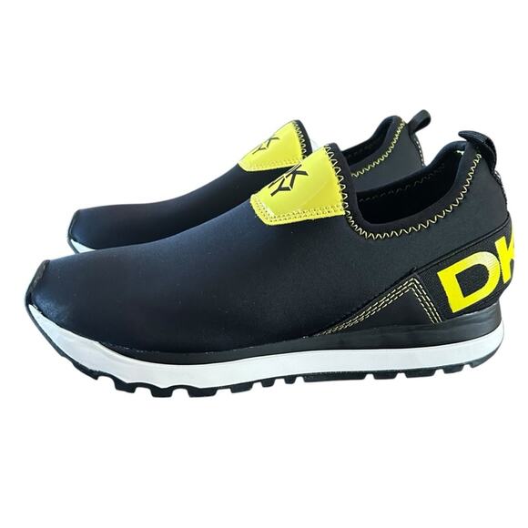 DKNY Jolie-Slip On Sneakers Neoprene Black Neon Yellow Logo NEW 6 - Picture 7 of 12